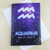 Aquarius Zodiac Card with Moss Agate Birthstone Crystal