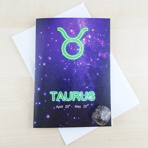 Taurus Zodiac Card with Rhodonite Birthstone Crystal